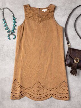 Flowy Suede Tan Dress XL Boho Western Crochet Yoke Shift Mini Dress